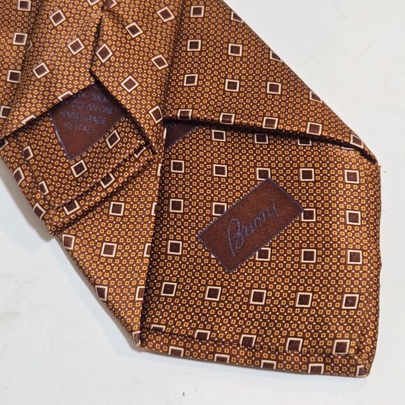 Brioni Mens Tie Geometric Copper Brown Silk Italy Modern Designer 64x3.25 long - Picture 3 of 6